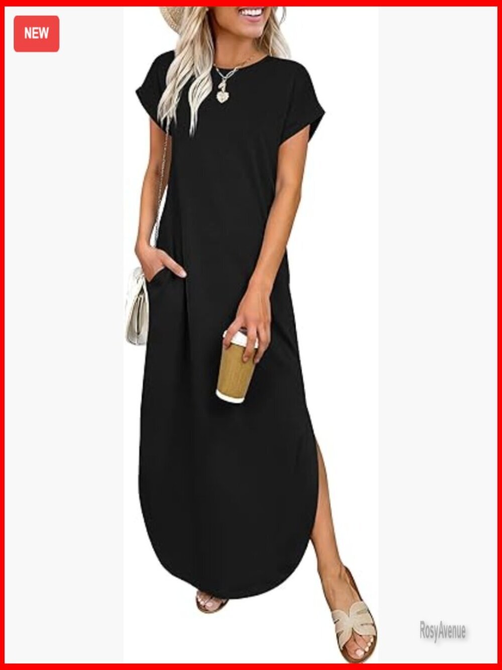Summer Maxi Dress Casual Short Sleeve Loose Split Wrinkle-Free with Pockets